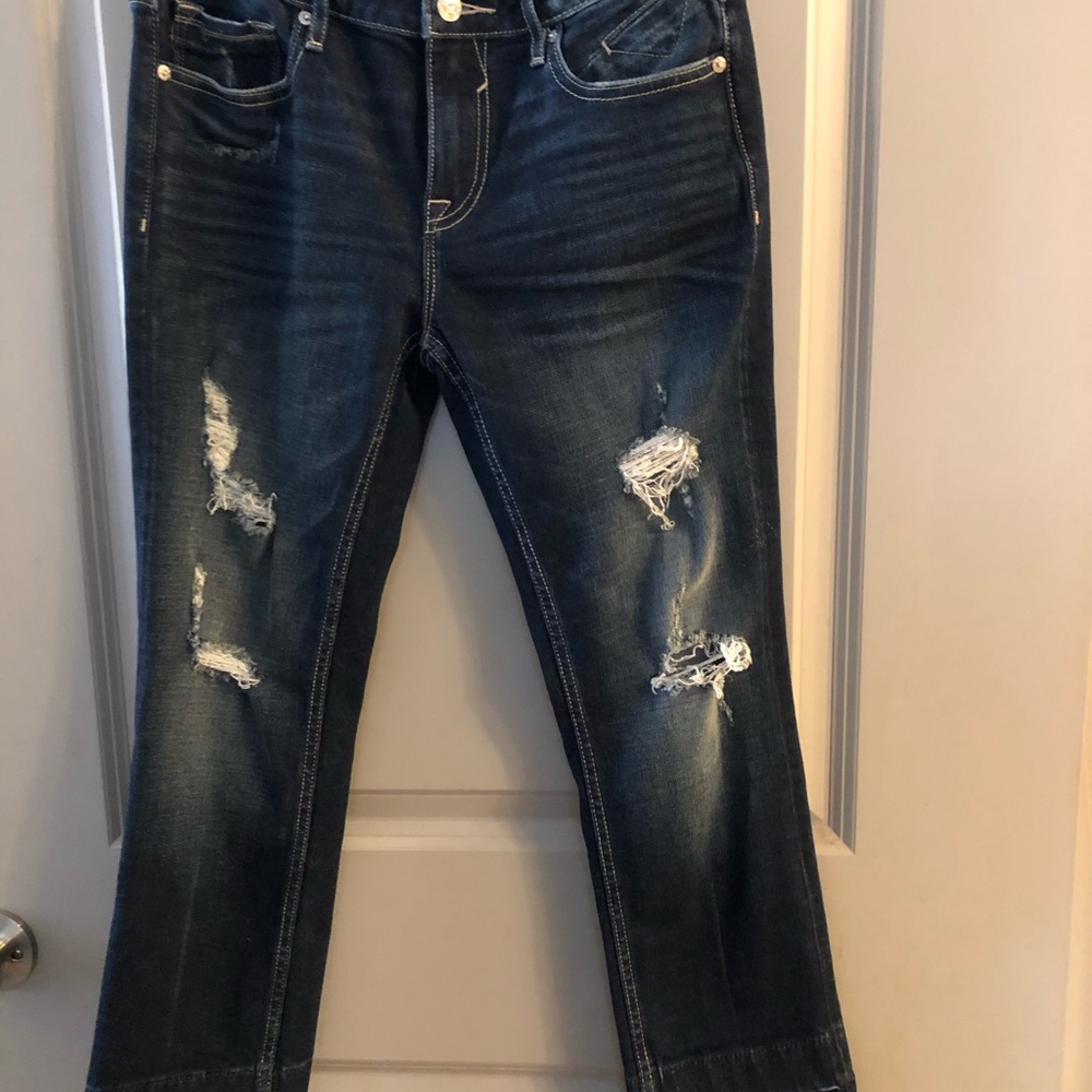 Never Worn. Distressed Dark Denim Jeans